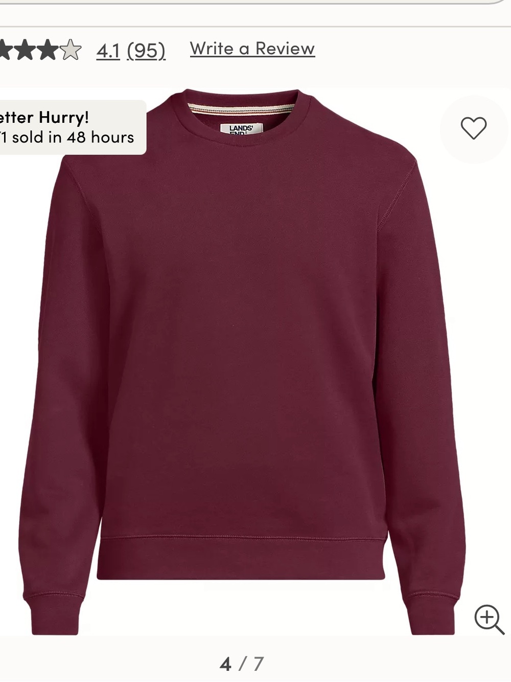 Lands' End Men's Rich Burgundy Long Sleeves Serious Sweats Crew Sweatshirt Sz XL